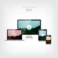 Responsive hipster travel web design. Adaptive user interface. Digital devises. Laptop, tablet, monitor, smartphone. Web
