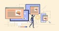 Responsive web design coding for website tiny person neubrutalism concept Royalty Free Stock Photo