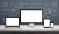 Responsive web design mockup with computer display, laptop, tablet and smart phone. Royalty Free Stock Photo