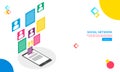 Responsive web template design with isometric smartphone and multiple user conversation icons for Social Networking concept.