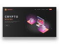 Responsive website template or landing page design with isometric view of desktop and servers for crypto mining concept.