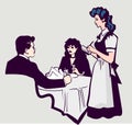 Restaurant scene. Couple at a restaurant table with wine. Flat style vector image. Waiter on the background