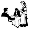 Restaurant scene. Couple at a restaurant table with wine. Flat style vector image. Waiter on the background