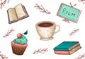 A set of illustrations of a book, a TV, a mug with tea or coffee, a cupcake with a cherry, twigs with flowers