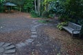 Rest area of Wendy Whiteley`s Secret Garden with stepping stones concrete