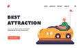 rest Attraction Landing Page Template. Kid Riding Electric Automobile, Bumper Car in Amusement Park. Funfair or Carnival