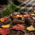 Rest on a bed of pine needles beneath a large tree root covered with Royalty Free Stock Photo