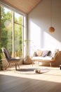 Rest corner in light scandinavian interior with sofa and armchair by large windows in bright daylight. Copy space