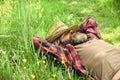 Rest in countryside. Farmer bearded man rest after day work. Farmer relax on green grass. Ecology concept. Summer