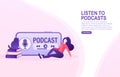 Rest girl listening online podcast. Cartoon smartphone podcast for marketing design. Social media poster. Modern digital Royalty Free Stock Photo