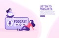 Rest girl listening online podcast. Cartoon smartphone podcast for marketing design. Social media poster. Modern digital Royalty Free Stock Photo