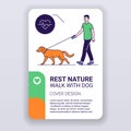 Rest nature brochure template. Walk with dog cover design. Pastime magazine poster. Print design with linear illustrations cartoon