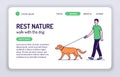 Rest nature web banner. Young guy walks with dog. Isolated cartoon character on a white background. Concept for web page,