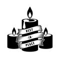 Rest in peace text in ribbon with roll around candle light sign vector design