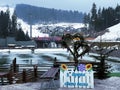 Rest place near lake in Bukovel ski resort, Ukraine Royalty Free Stock Photo