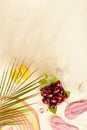 Rest and relax on summer tropical beach picnic - green palm leaf, cold pink drink, slippers, seashells, red cherries in box.