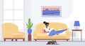 Rest and relax of woman with laptop lying on sofa in living room interior, girl resting