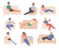 Rest on sofa and chairs. Men relaxing on couch, young people resting, sleeping and dreaming. Teenager relax with