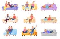 Rest on sofa people. Resting couple, man woman relax and eating, watch tv. Cartoon characters leisure at home on couch