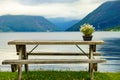 Rest stop area picnic site on fjord shore