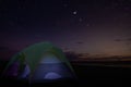 Rest tents in the field in bright starry night