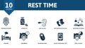 Rest Time icon set. Contains editable icons well sleep theme such as dreamcatcher, ear plugs, bedtime stories and more.