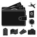 Rest and travel black icons in set collection for design. Transport, tourism vector symbol stock web illustration. Royalty Free Stock Photo