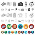 Rest and travel flat icons in set collection for design. Transport, tourism vector symbol stock web illustration. Royalty Free Stock Photo