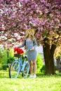 Rest and travel. United with nature. Athletic woman ride retro bicycle. Travel by bike. Weekend concept. Spring holidays Royalty Free Stock Photo