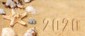 Rest 2020. Vacation memories from beach, seashell and starfish. Summer beach background travel concept. Banner.Copy space for text Royalty Free Stock Photo