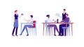 Restaraunt business concept. Vector flat person illustration set. Group of man and woman. People sit at table and order meal.