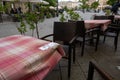 Restauant table in Cracow Main Square marked as disinfected Royalty Free Stock Photo