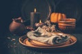 Restaurant autumn table setting. Thanksgiving holiday Place setting autumn decoration Royalty Free Stock Photo