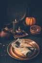 Restaurant autumn table setting. Thanksgiving holiday Place setting autumn decoration Royalty Free Stock Photo