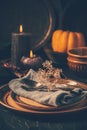 Restaurant autumn table setting. Thanksgiving holiday Place setting autumn decoration Royalty Free Stock Photo