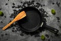 Restaurant background black pan coal green moss wooden spatula kitchen wallpaper