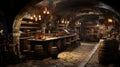 Restaurant or bar in old wine cellar with wooden barrels, vintage casks in dark storage of winery. Concept of vineyard,