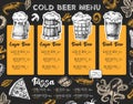 Restaurant beer menu design. Decorative sketch of beer and seafood snack. Fast food menu