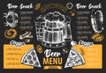 Restaurant beer menu design. Decorative sketch of beer and seafood snack. Fast food menu