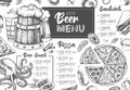 Restaurant beer menu design. Decorative sketch of beer and seafood snack. Fast food menu