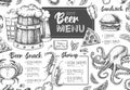 Restaurant beer menu design. Decorative sketch of beer and seafood snack. Fast food menu