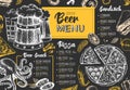 Restaurant beer menu design. Decorative sketch of beer and seafood snack. Fast food menu