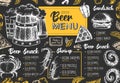 Restaurant beer menu design. Decorative sketch of beer and seafood snack. Fast food menu