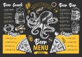 Restaurant beer menu design. Decorative sketch of beer and seafood snack. Fast food menu