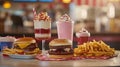 Restaurant burgers, fries, shakes, diner setting Royalty Free Stock Photo