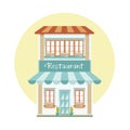 Restaurant cafe building in simple cartoon flat style. Cozy, cute two-story house with a visor and an advertising sign