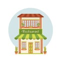 Restaurant cafe building in simple cartoon flat style. Cozy, cute two-story house with a visor and an advertising sign