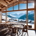 Restaurant or cafe in chalet with view of majestic snowy apls in skiing