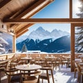 Restaurant or cafe in chalet with view of majestic snowy apls in skiing