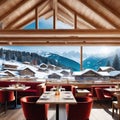 Restaurant or cafe in chalet with view of majestic snowy apls in skiing